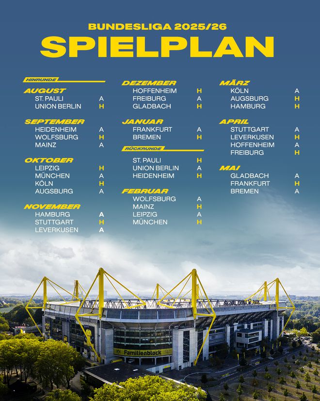 多特賽程：10月、2月拜仁戰(zhàn)，客場(chǎng)與主場(chǎng)對(duì)決