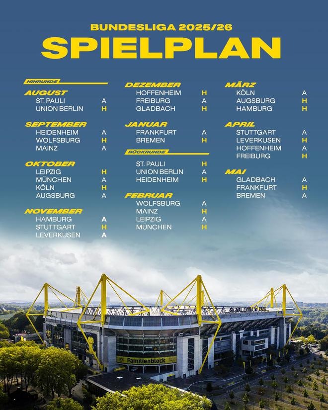 多特賽程：第7輪德比戰(zhàn)，第12輪客戰(zhàn)藥廠。