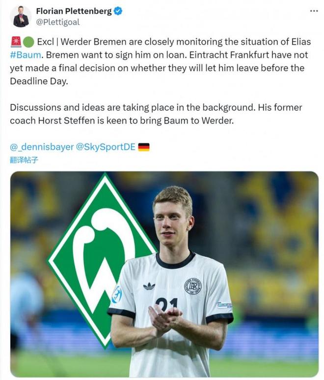 德天：不萊梅租借鮑姆，19歲右后衛(wèi)。