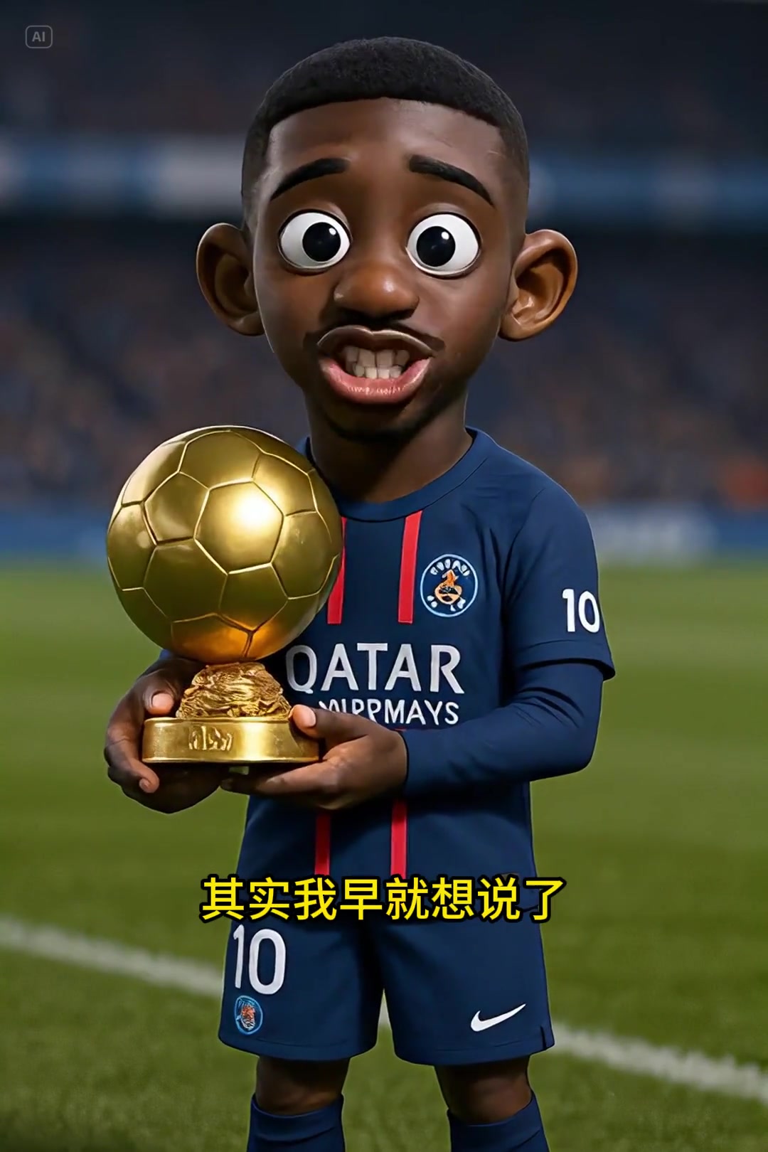 Q版登貝萊挑逗姆巴佩你羨慕嗎這金球獎抱著手里還挺沉的