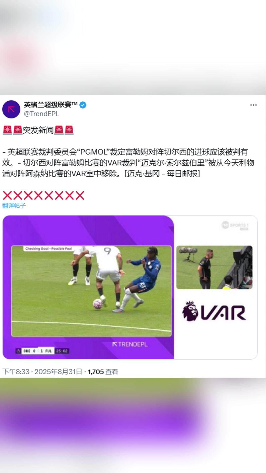 誤判記者裁判公司承認富勒姆進球遭VAR取消是錯誤的